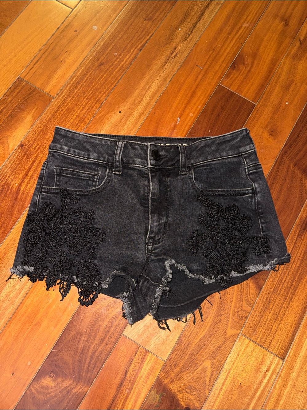 American Eagle Distressed Black Denim Shorts w/Lace Trim